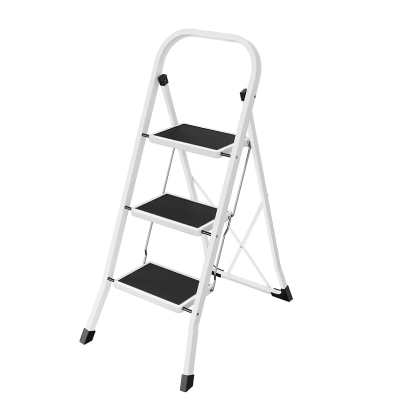 Échelle pliable escabeau marchepied 3 niveaux acier antidérapant avec barre de sécurité blanc 12_0005333
