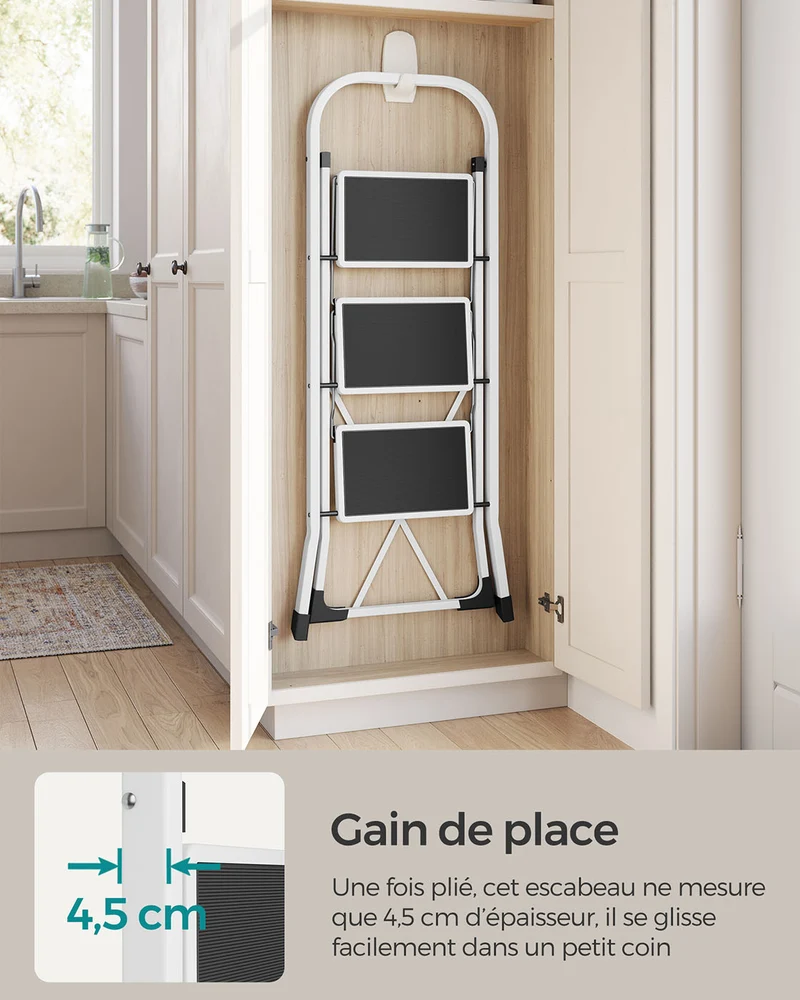 Échelle pliable escabeau marchepied 3 niveaux acier antidérapant avec barre de sécurité blanc 12_0005333