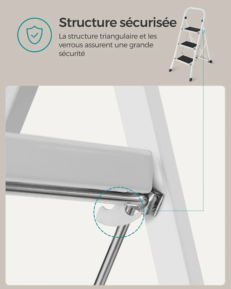 Échelle pliable escabeau marchepied 3 niveaux acier antidérapant avec barre de sécurité blanc 12_0005333