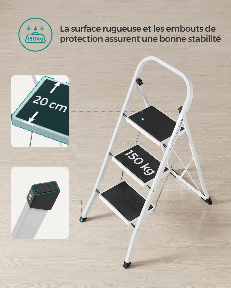 Échelle pliable escabeau marchepied 3 niveaux acier antidérapant avec barre de sécurité blanc 12_0005333