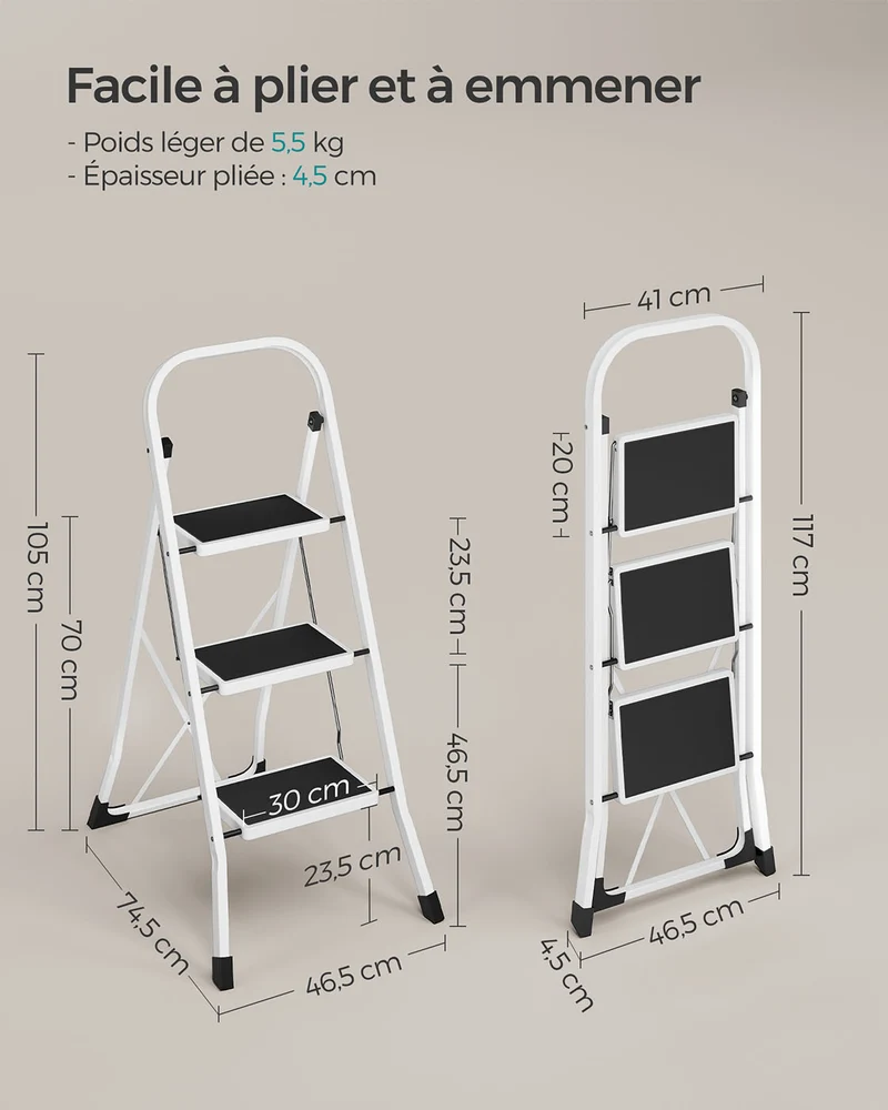 Échelle pliable escabeau marchepied 3 niveaux acier antidérapant avec barre de sécurité blanc 12_0005333
