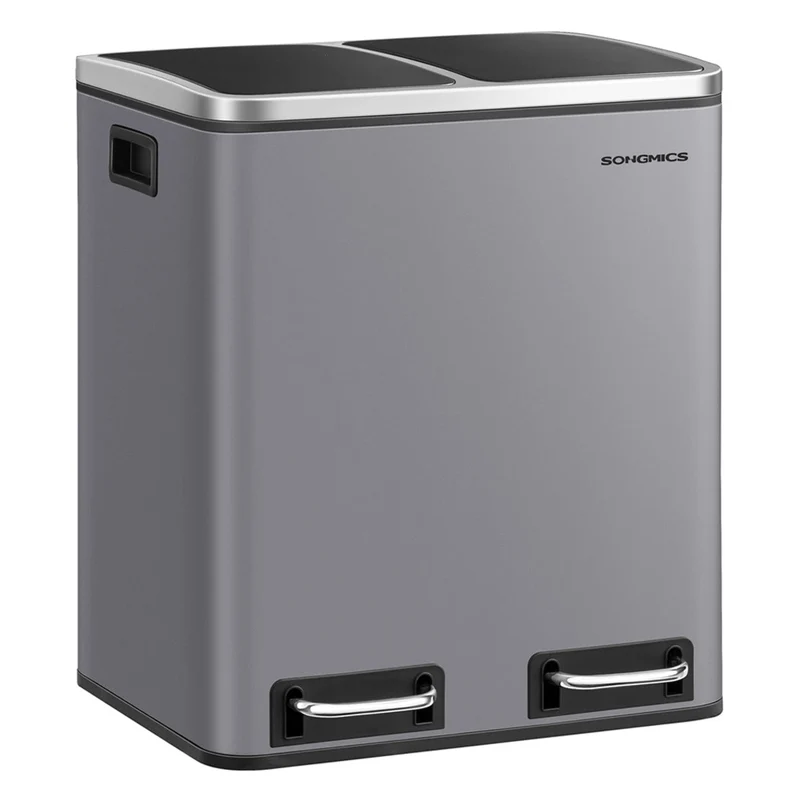 Poubelle en métal 30 litres poubelle à double compartiment 2 x 15 litres avec seaux intérieurs et poignées fermeture en douceur hermétique gris 12_0007274