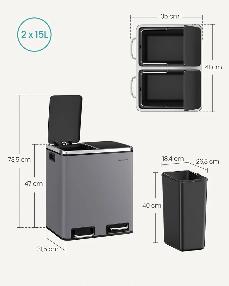 Poubelle en métal 30 litres poubelle à double compartiment 2 x 15 litres avec seaux intérieurs et poignées fermeture en douceur hermétique gris 12_0007274