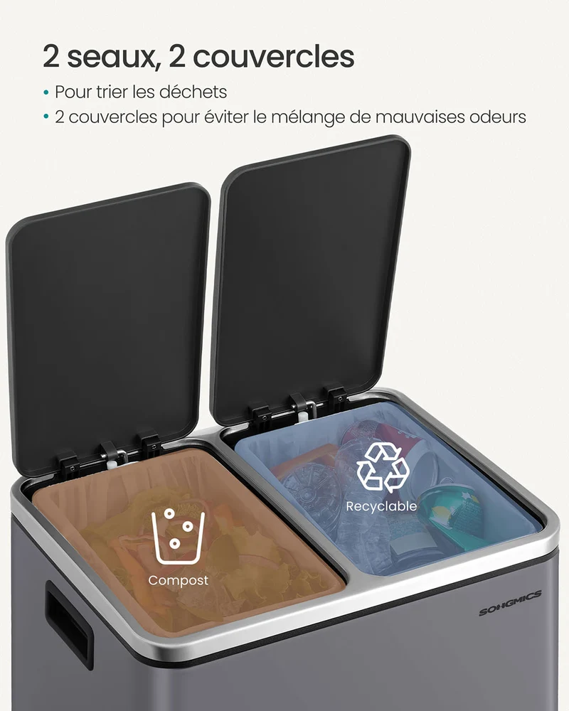 Poubelle en métal 30 litres poubelle à double compartiment 2 x 15 litres avec seaux intérieurs et poignées fermeture en douceur hermétique gris 12_0007274