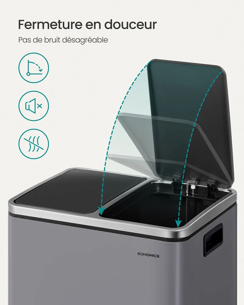 Poubelle en métal 30 litres poubelle à double compartiment 2 x 15 litres avec seaux intérieurs et poignées fermeture en douceur hermétique gris 12_0007274