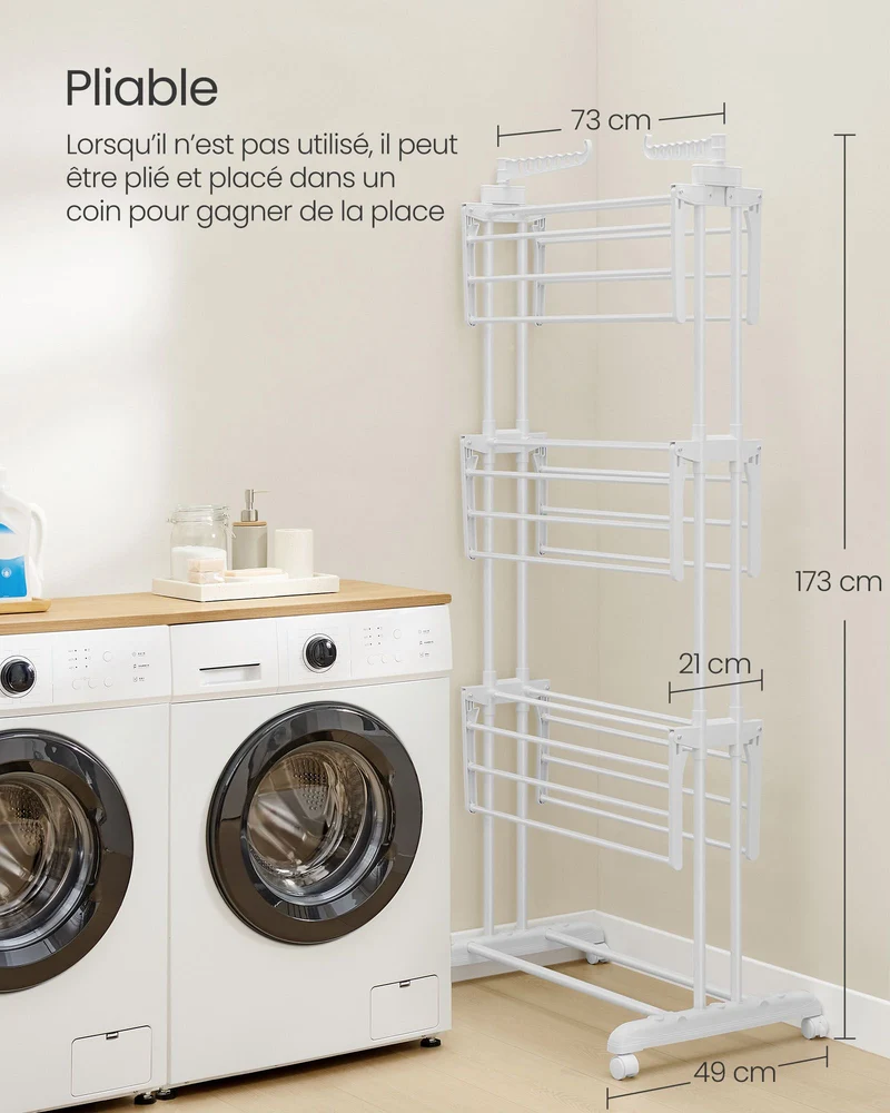 Étendoir à linge séchoir mobile à 4 niveaux avec roulettes pliable 64 x 126 x 172 cm grande capacité montage facile utilisation intérieure et extérieure blanc 12_0005841
