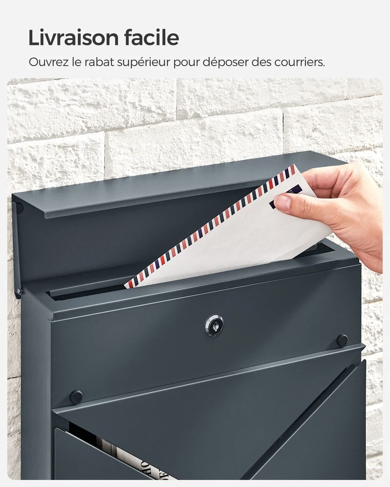 Boîte à lettres fenêtre mural avec serrure et couvercle porte-journaux facile à installer gris anthracite 12_0004365