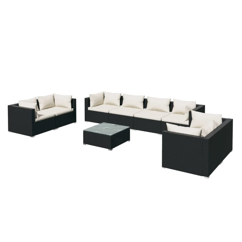 Salon de jardin meuble d'extérieur ensemble de mobilier 9 pièces avec coussins résine tressée noir 02_0018148