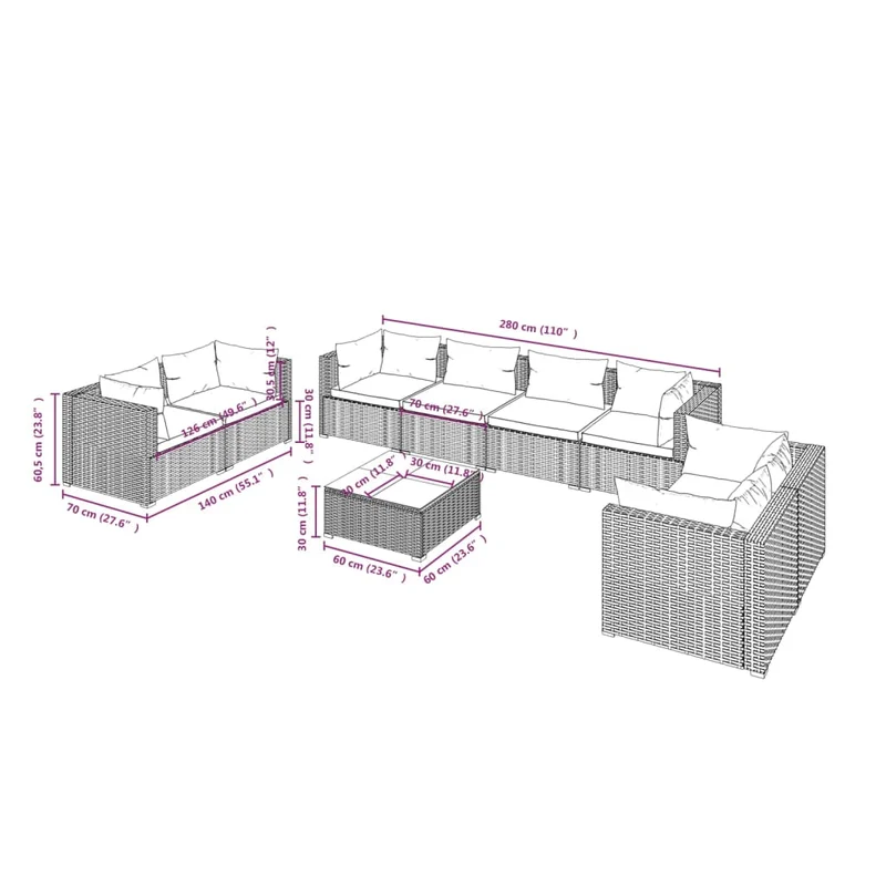 Salon de jardin meuble d'extérieur ensemble de mobilier 9 pièces avec coussins résine tressée noir 02_0018148