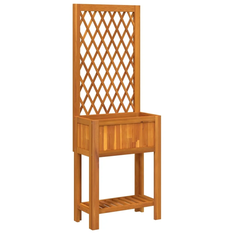 Jardinière bac lit surélevé plantes fleurs terrasse jardin avec treillis et étagère bois massif d'acacia marron 02_0038377