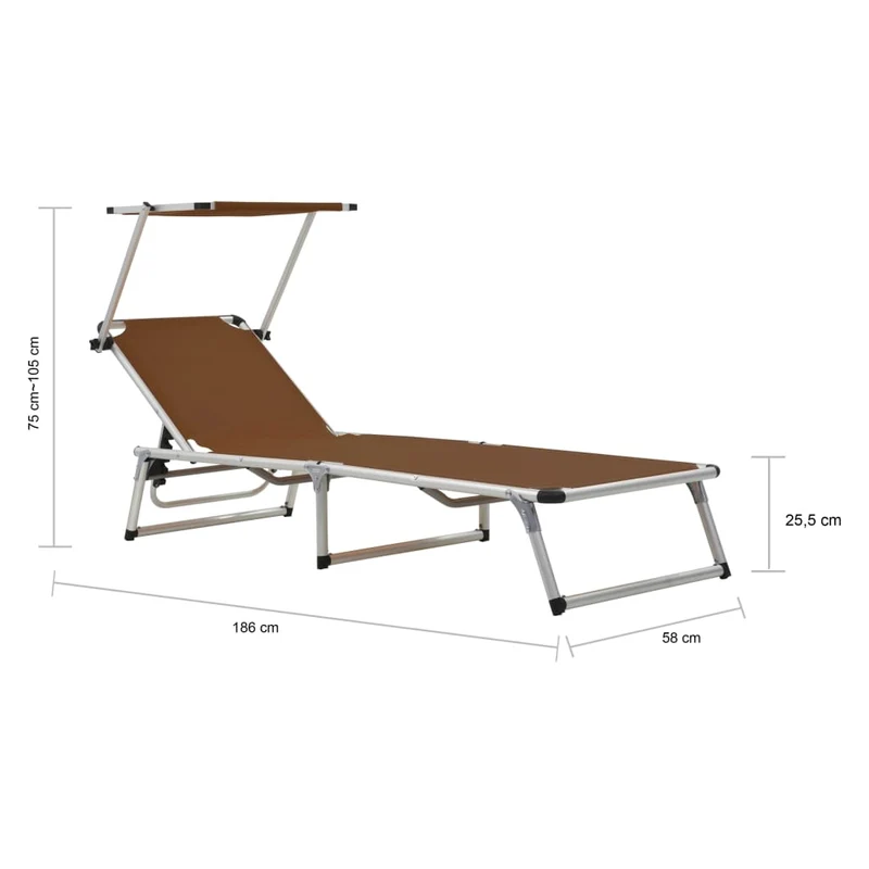 Transat chaise longue bain de soleil lit de jardin terrasse meuble d'extérieur pliable avec auvent aluminium et textilène marron 02_0012818