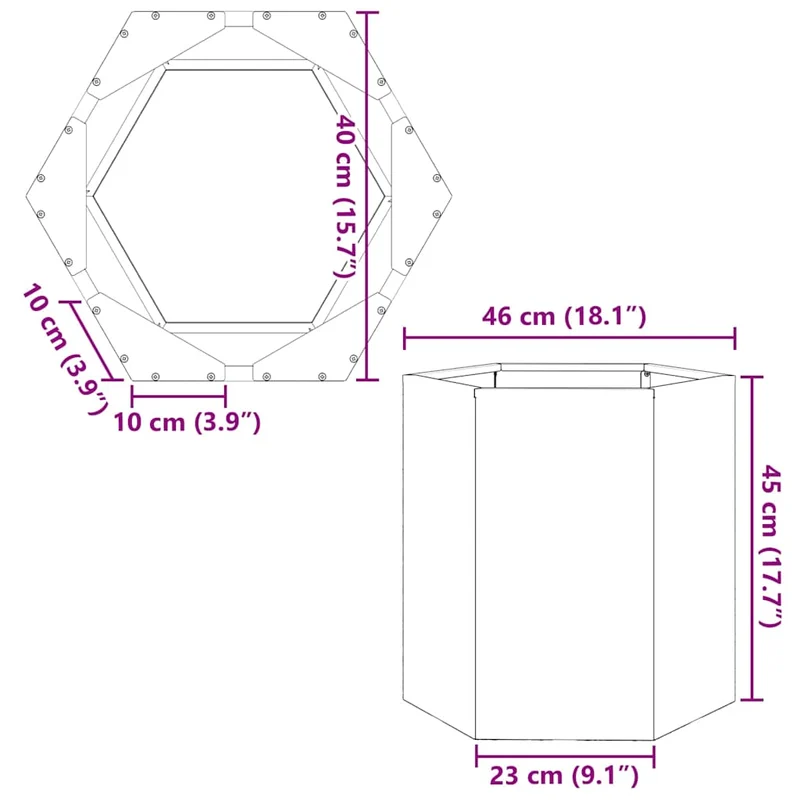 Jardinière bac lit surélevé plantes fleurs terrasse jardin hexagone 46 x 40 x 45 cm acier inoxydable Argent 02_0038647
