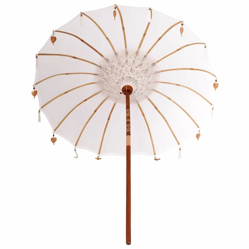 Parasol balinais rond jardin sombre généreux avec cloches et pampilles 185 x 185 x 260 cm en coton crème 02_0058811