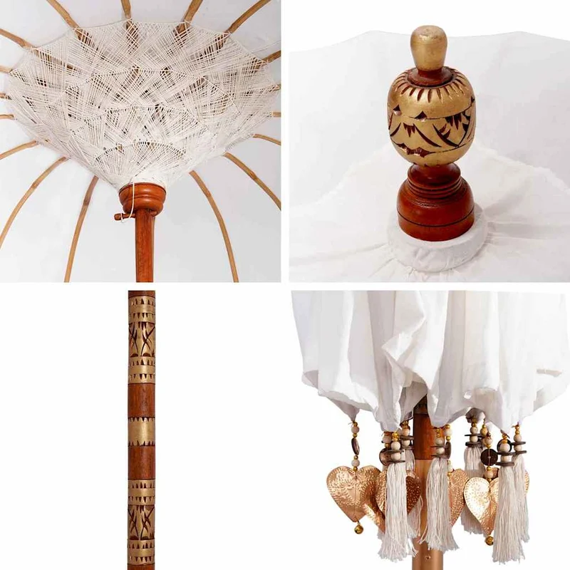 Parasol balinais rond jardin sombre généreux avec cloches et pampilles 185 x 185 x 260 cm en coton crème 02_0058811
