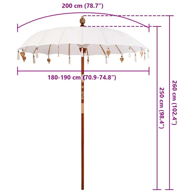Parasol balinais rond jardin sombre généreux avec cloches et pampilles 185 x 185 x 260 cm en coton crème 02_0058811