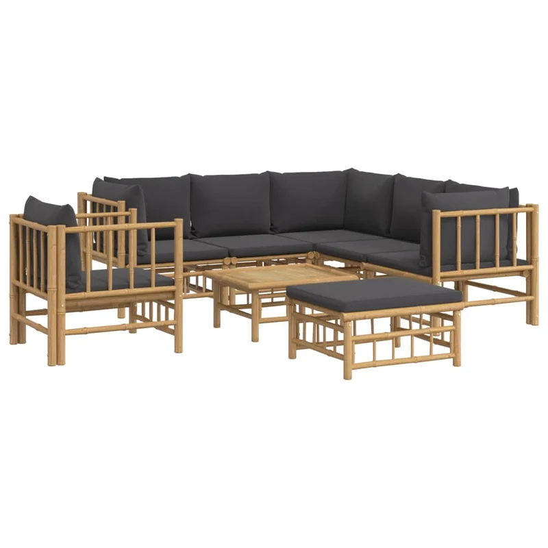 Salon de jardin meuble d'extérieur ensemble de mobilier 8 pièces avec coussins gris foncé bambou 02_0017592