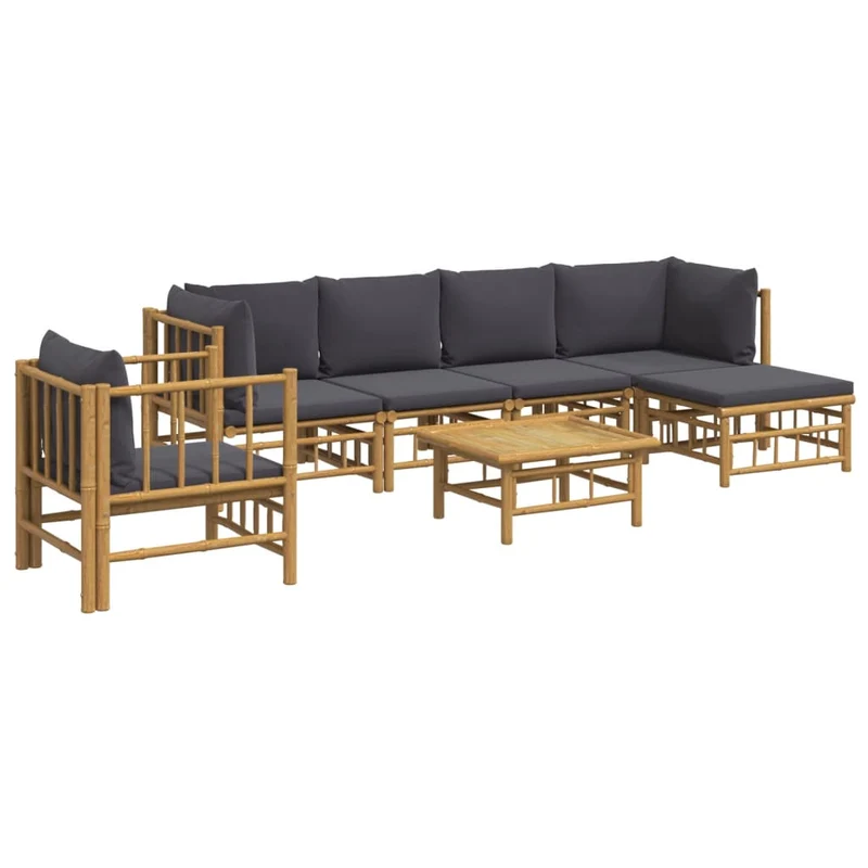 Salon de jardin meuble d'extérieur ensemble de mobilier 7 pièces avec coussins gris foncé bambou 02_0017194
