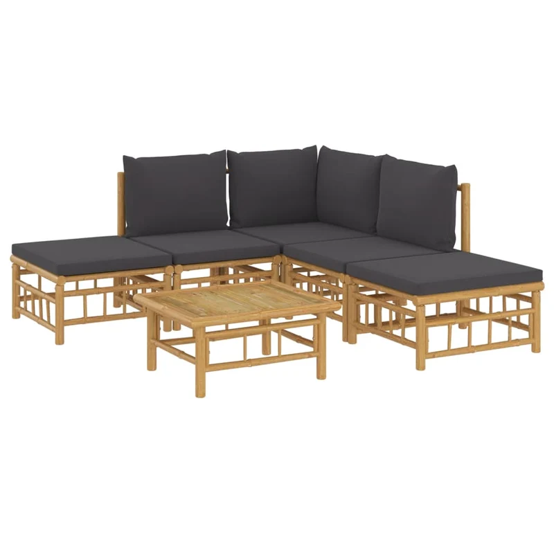Salon de jardin meuble d'extérieur ensemble de mobilier 6 pièces avec coussins gris foncé bambou 02_0016782