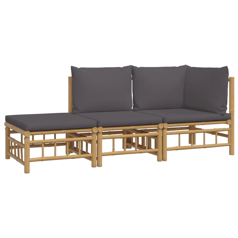 Salon de jardin meuble d'extérieur ensemble de mobilier 3 pièces avec coussins gris foncé bambou 02_0015968