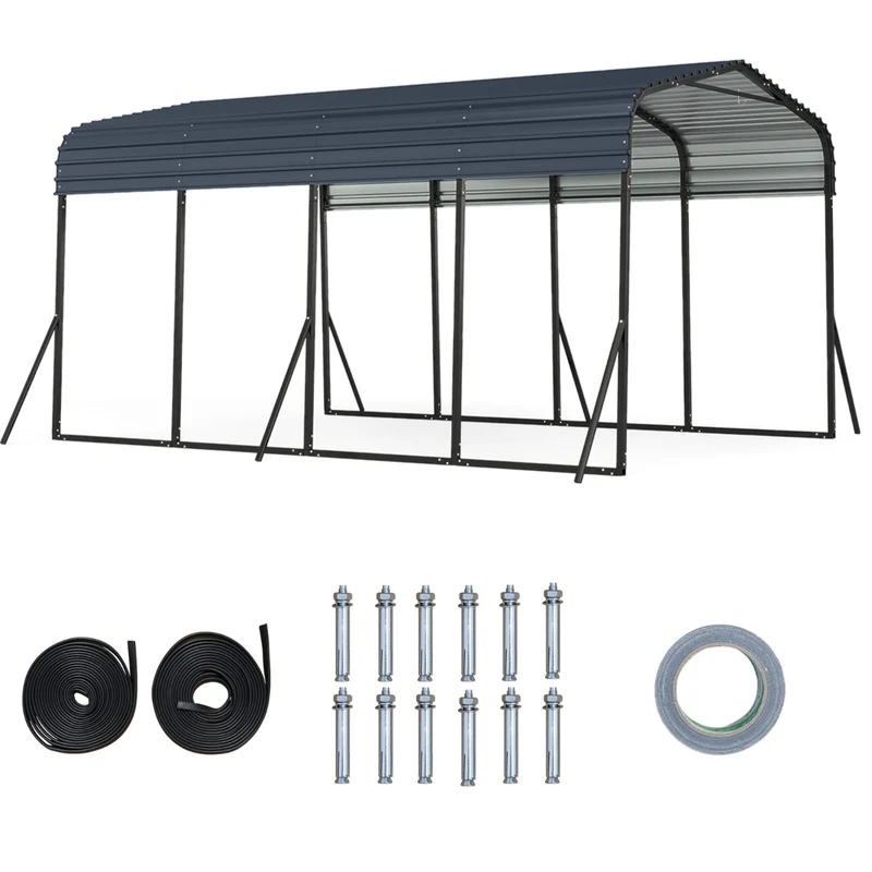 Abri de voiture extérieur 440 x 300 cm avec ancrages renforcés et stabilité améliorée style contemporain en acier noir 20_0010016