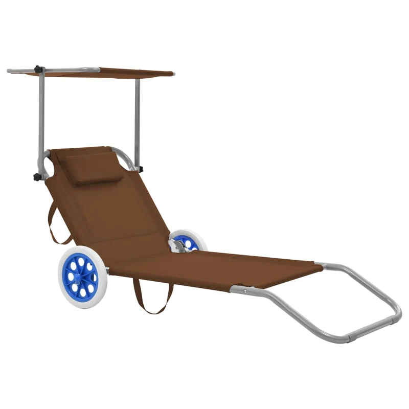Transat chaise longue bain de soleil lit de jardin terrasse meuble d'extérieur pliable avec auvent et roues acier taupe 02_0012827