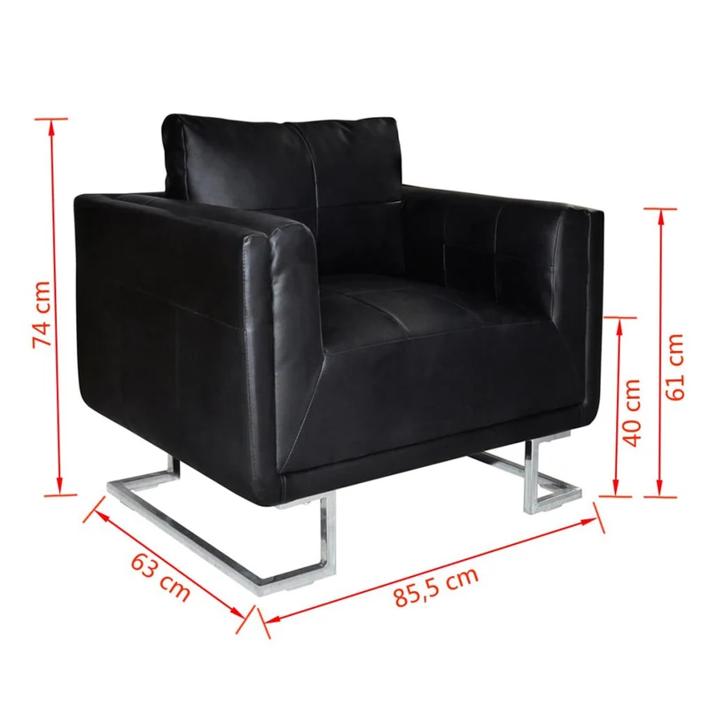 Fauteuil chaise siège lounge design club sofa salon cube avec pieds chromés cuir synthétique noir 1102044/3