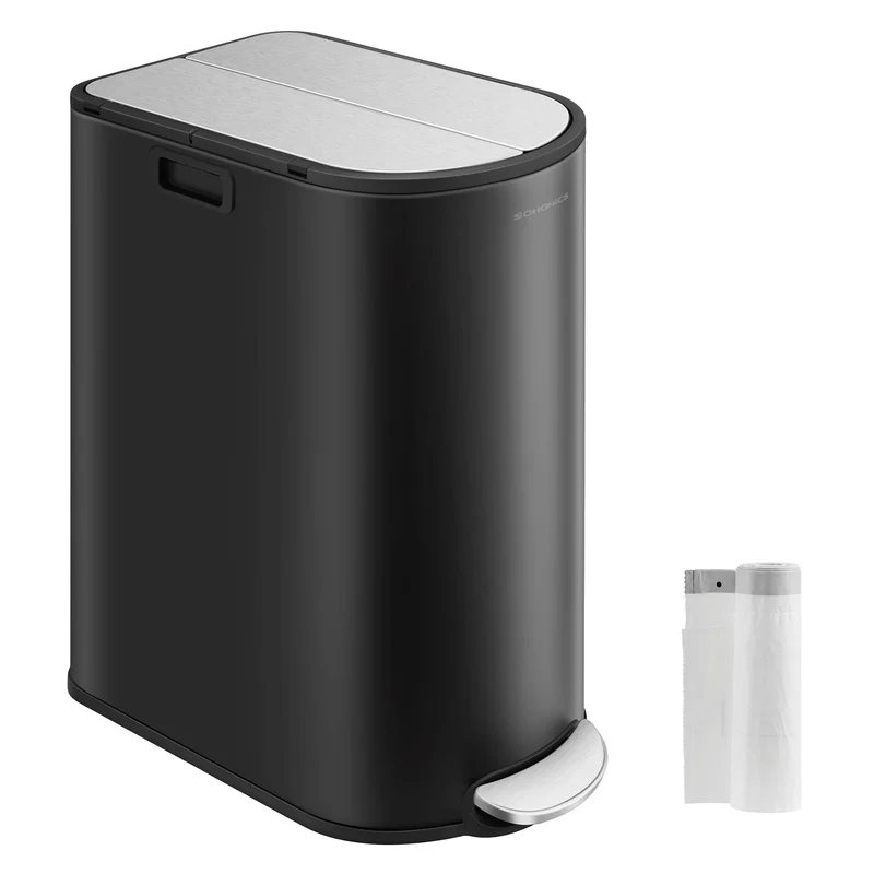 Poubelle de cuisine double 30 litres et 20 litres poubelle mince 2 compartiments pour tri et recyclage des déchets avec pédale et couvercles noir 12_0007211