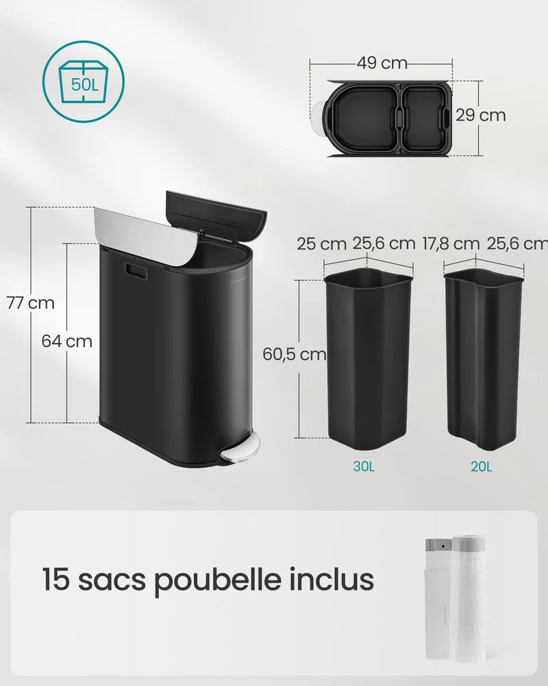 Poubelle de cuisine double 30 litres et 20 litres poubelle mince 2 compartiments pour tri et recyclage des déchets avec pédale et couvercles noir 12_0007211