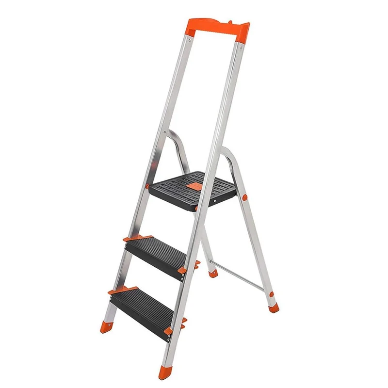 Échelle à 3 marches escabeau pliable en aluminium marches de 12 cm de large avec rainures pieds antiglisses main courante porte-outils charge 150 kg argent 12_0001918