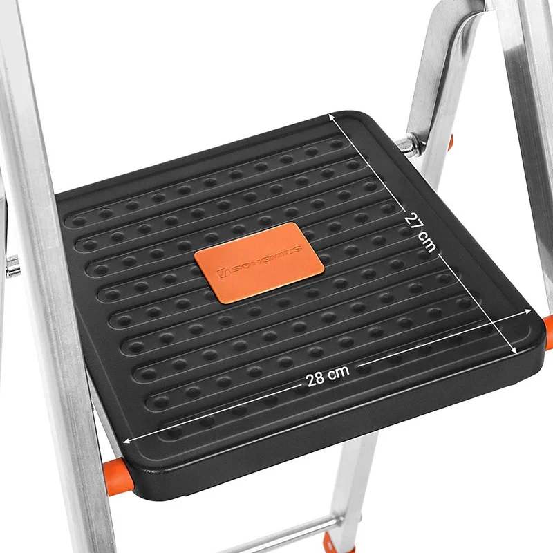 Échelle à 3 marches escabeau pliable en aluminium marches de 12 cm de large avec rainures pieds antiglisses main courante porte-outils charge 150 kg argent 12_0001918