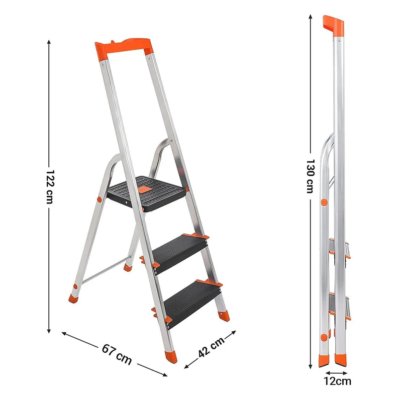 Échelle à 3 marches escabeau pliable en aluminium marches de 12 cm de large avec rainures pieds antiglisses main courante porte-outils charge 150 kg argent 12_0001918
