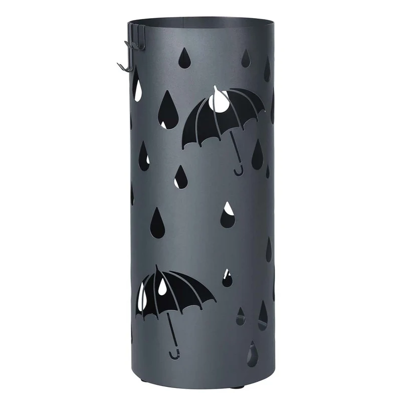Porte-parapluies métallique support pour parapluies avec réceptacle d’eau et crochets 49cm rond gris anthracite mate 12_0002674