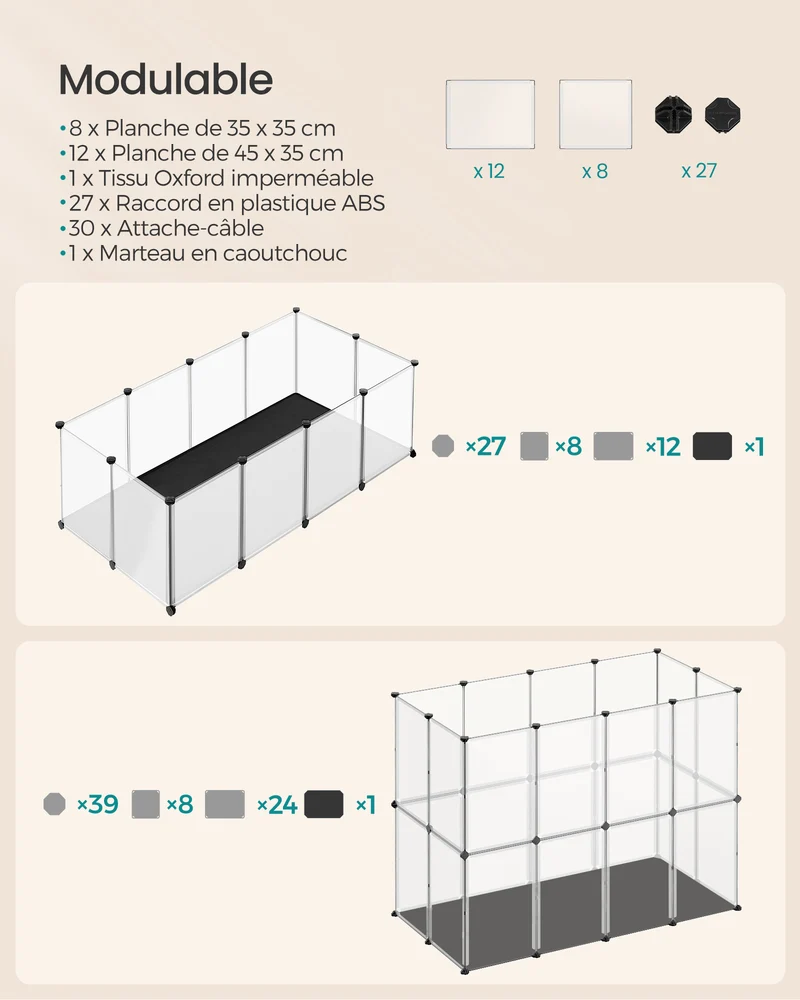 Enclos pour animaux avec plancher et tapis imperméable et amovible parc pour petits animaux pour hamsters lapin hérisson cochon d’inde 125 x 63 x 42 cm blanc 12_0005401