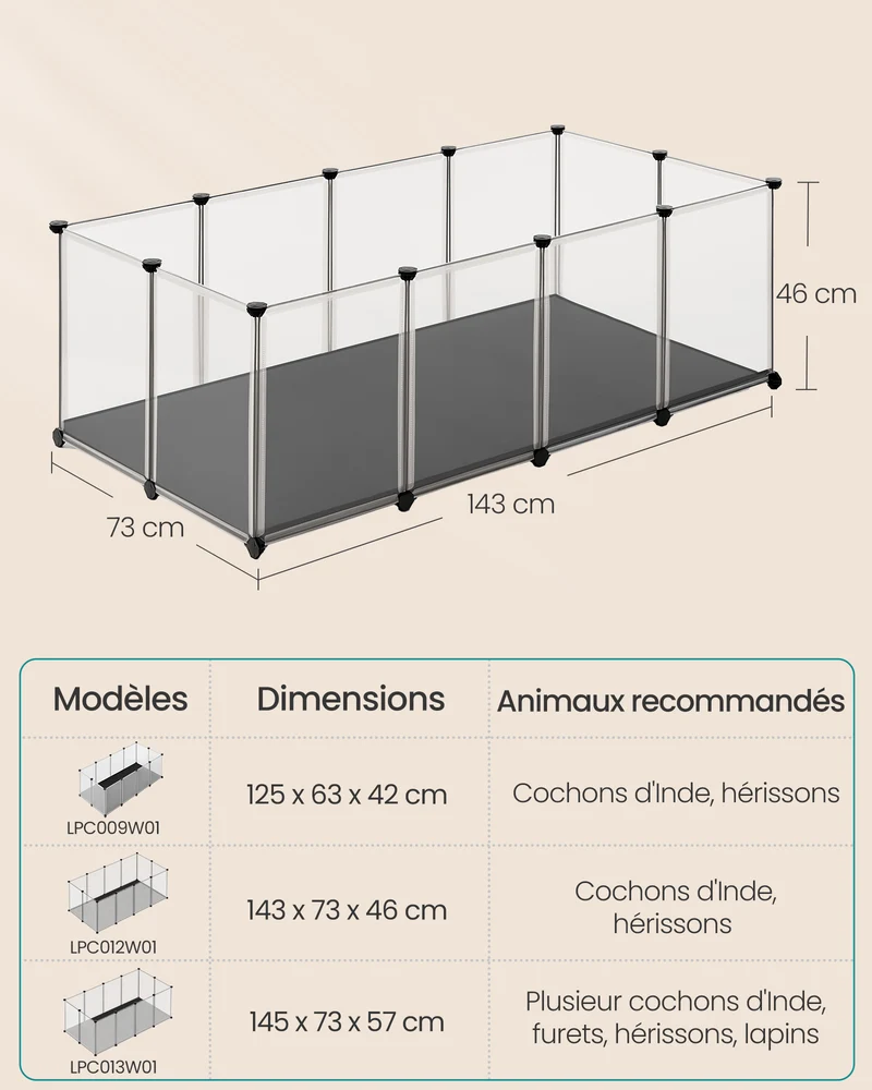 Enclos pour animaux avec plancher et tapis imperméable et amovible parc pour petits animaux pour hamsters lapin hérisson cochon d’inde 125 x 63 x 42 cm blanc 12_0005401