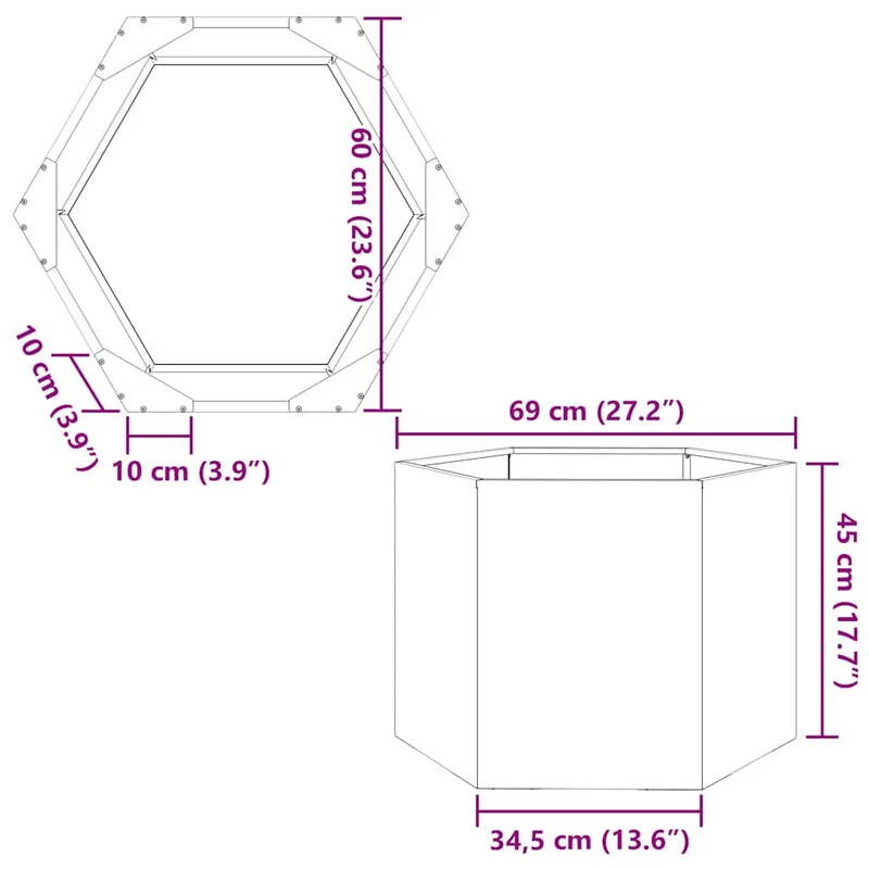 Jardinière bac lit surélevé plantes fleurs terrasse jardin hexagone 69 x 60 x 45 cm acier inoxydable Argent 02_0038653