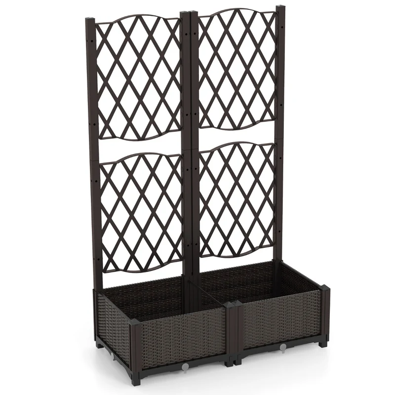 Jardinière avec treillis double bac auto-arrosage 80 x 40 x 122 cm design rustique en pe brun 20_0012201