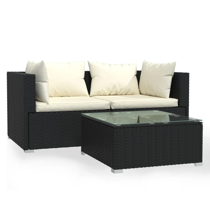 Salon de jardin meuble d'extérieur ensemble de mobilier 3 pièces avec coussins noir résine tressée 02_0015984