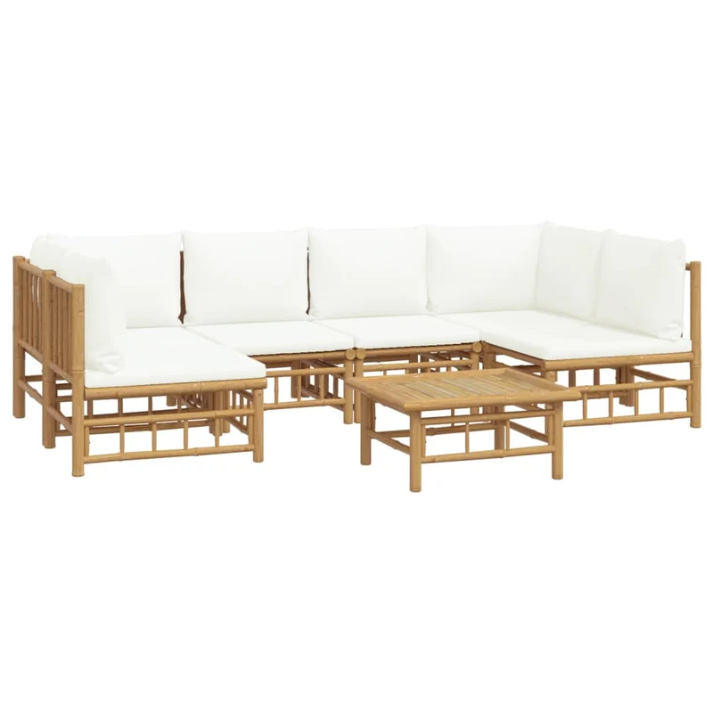 Salon de jardin meuble d'extérieur ensemble de mobilier 7 pièces avec coussins blanc crème bambou 02_0017086
