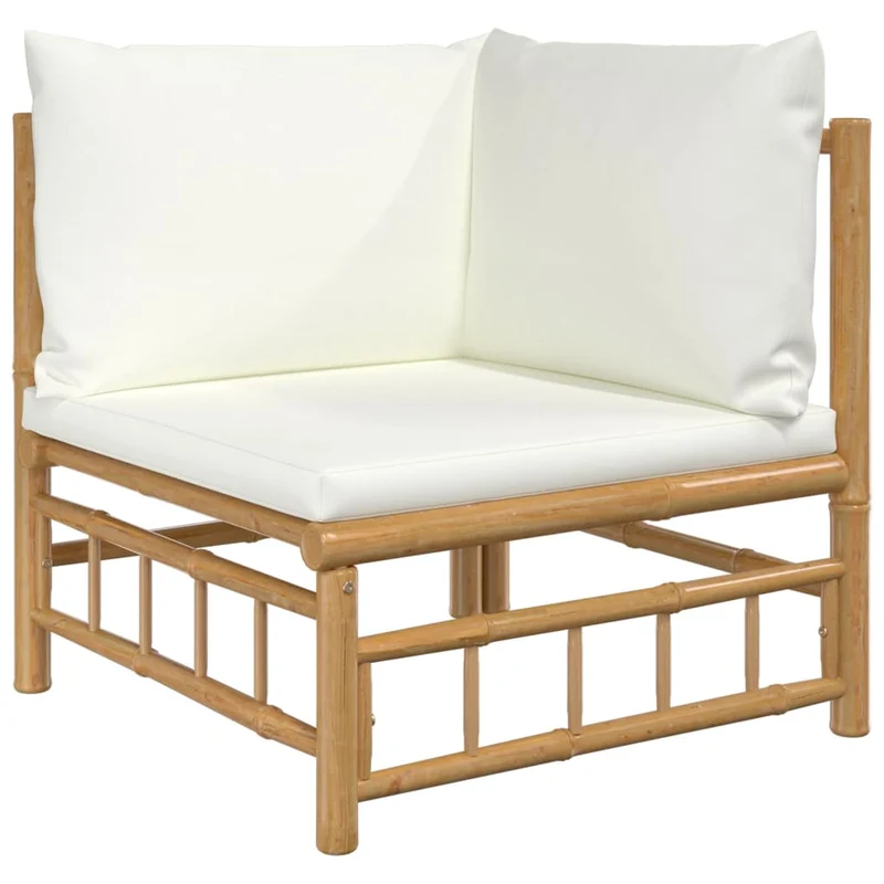 Salon de jardin meuble d'extérieur ensemble de mobilier 7 pièces avec coussins blanc crème bambou 02_0017086
