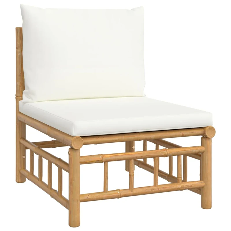 Salon de jardin meuble d'extérieur ensemble de mobilier 7 pièces avec coussins blanc crème bambou 02_0017086