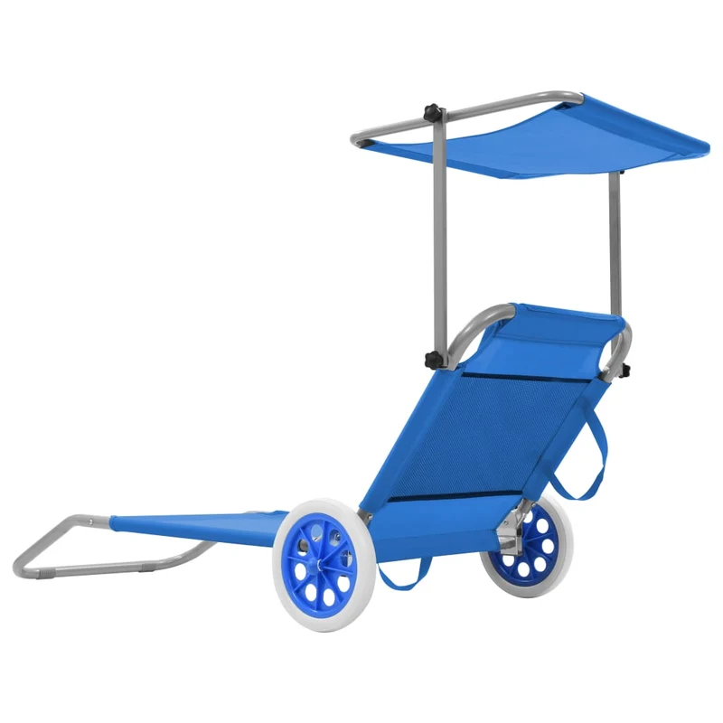 Transat chaise longue bain de soleil lit de jardin terrasse meuble d'extérieur pliable avec auvent et roues acier bleu 02_0012823