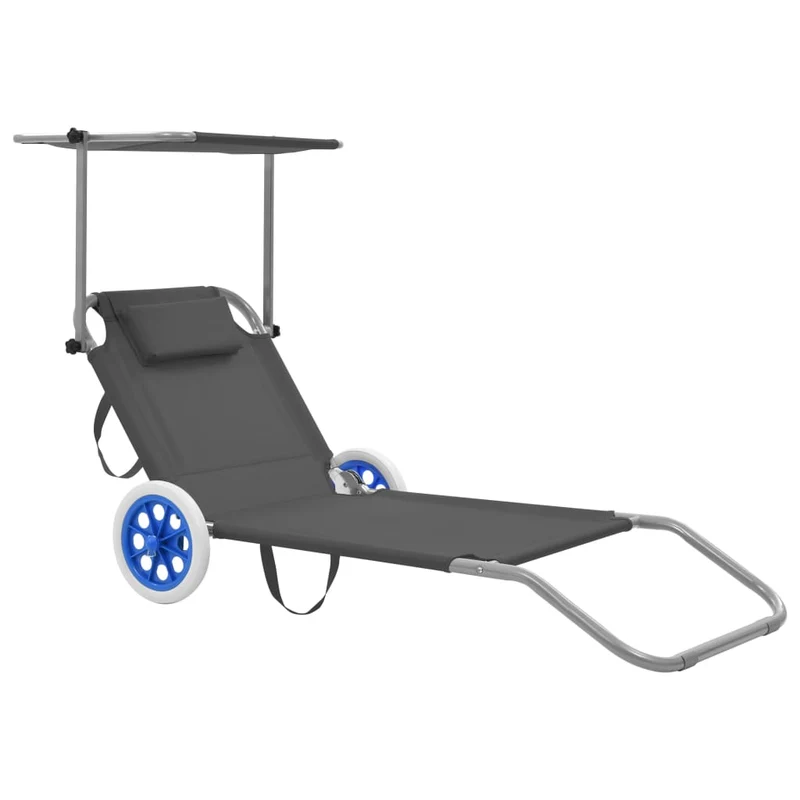Transat chaise longue bain de soleil lit de jardin terrasse meuble d'extérieur pliable avec auvent et roues acier gris 02_0012824