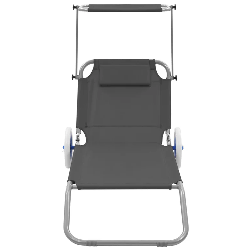 Transat chaise longue bain de soleil lit de jardin terrasse meuble d'extérieur pliable avec auvent et roues acier gris 02_0012824