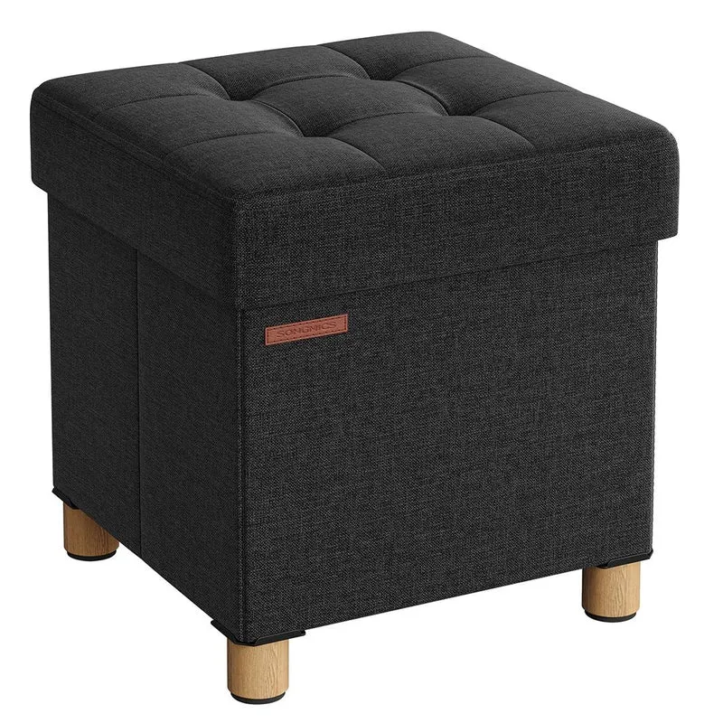 Pouf coffre de rangement tabouret avec repose-pieds pliable banc avec rangement 38 x 38 x 40 cm pour salon chambre noir 12_0007285