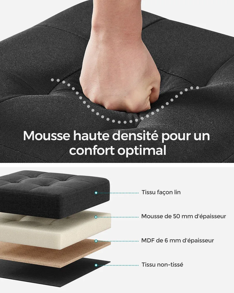 Pouf coffre de rangement tabouret avec repose-pieds pliable banc avec rangement 38 x 38 x 40 cm pour salon chambre noir 12_0007285