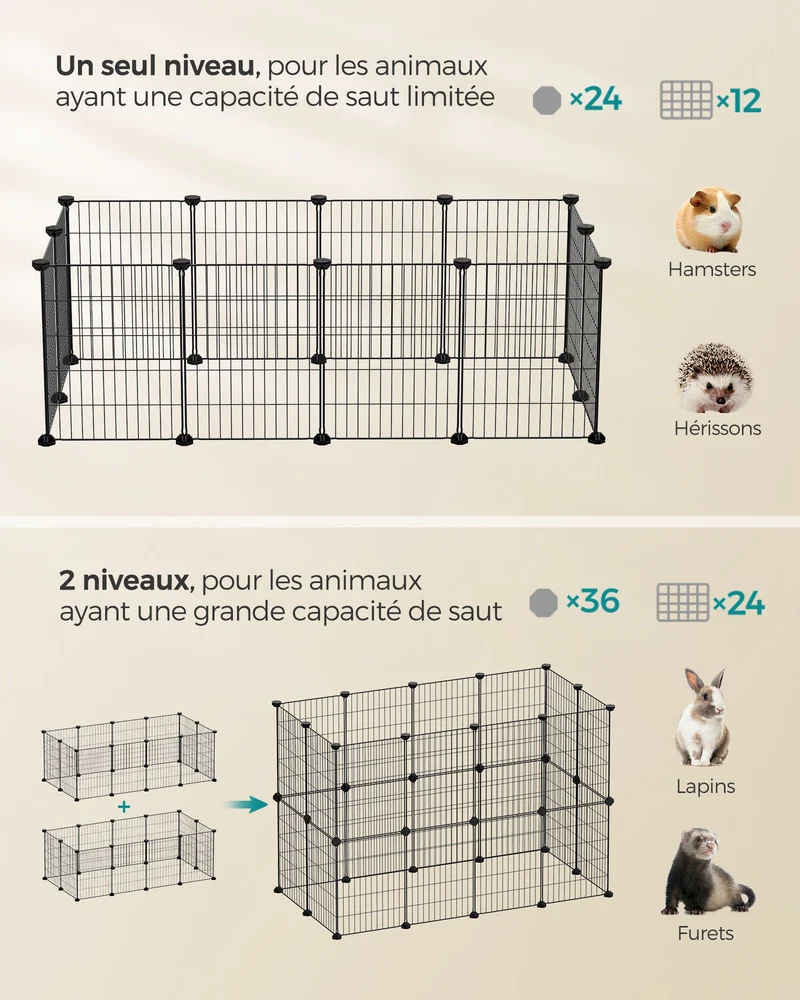 Enclos modulable pour petits animaux cage intérieur maillet en caoutchouc offert cochon d'inde lapin assemblage facile 143 x 73 x 46 cm noir 12_0005396