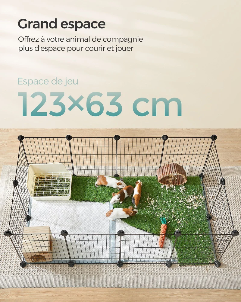 Enclos modulable pour petits animaux cage intérieur maillet en caoutchouc offert cochon d'inde lapin assemblage facile 143 x 73 x 46 cm noir 12_0005396