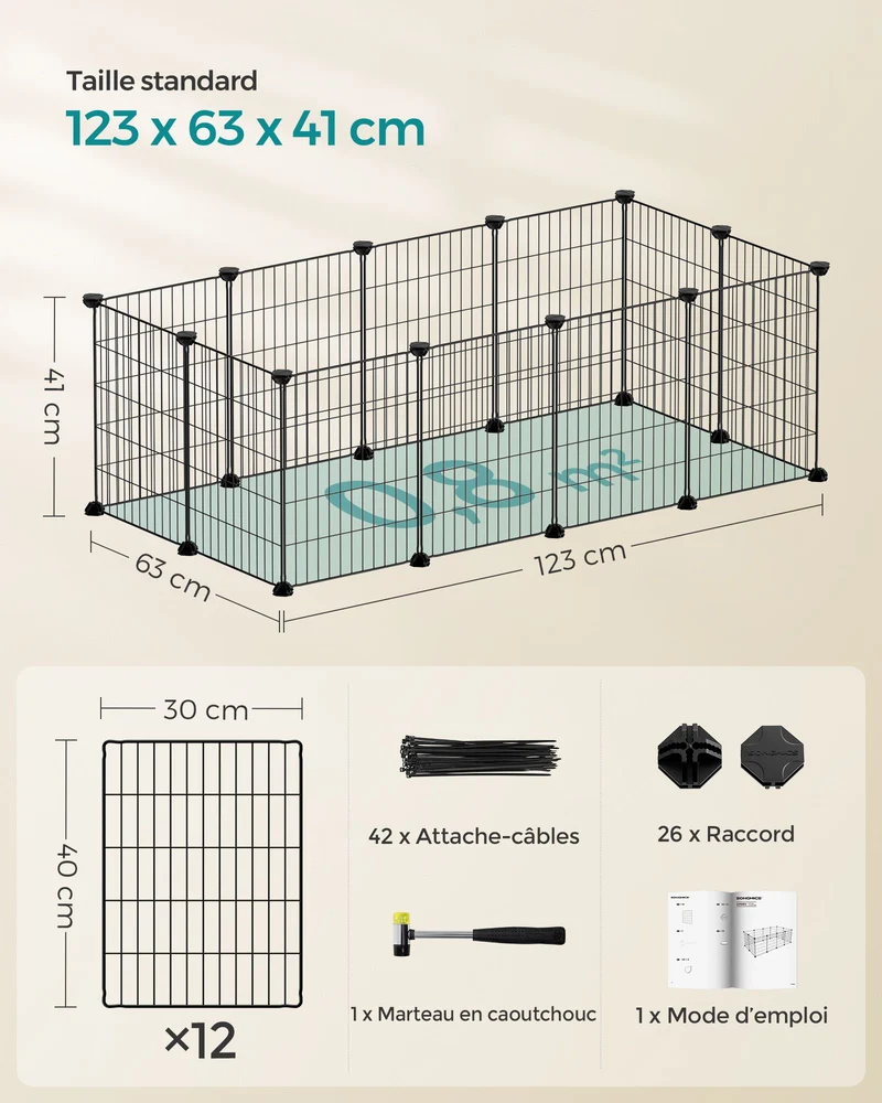 Enclos modulable pour petits animaux cage intérieur maillet en caoutchouc offert cochon d'inde lapin assemblage facile 143 x 73 x 46 cm noir 12_0005396