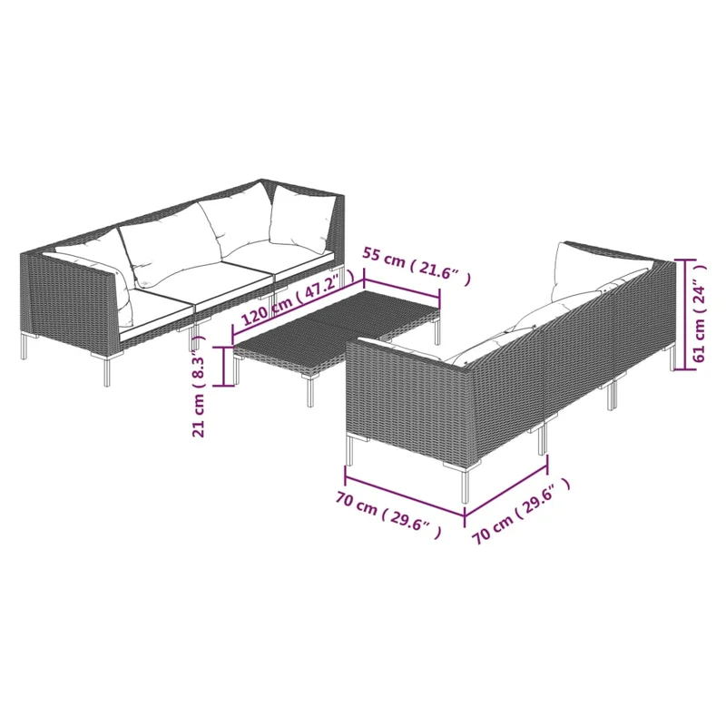Salon de jardin meuble d'extérieur ensemble de mobilier 7 pièces avec coussins résine tressée gris foncé 02_0017287