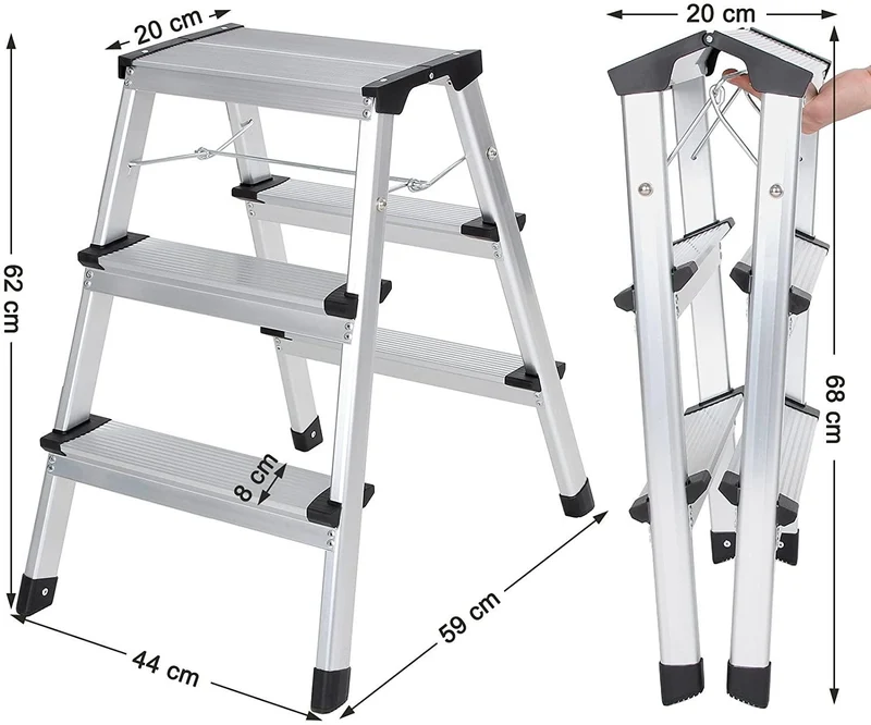 Échelle domestique pliable escabeau marchepied 3 niveaux en alu antidérapant capacité de charge 150 kg conforme aux normes 12_0000480